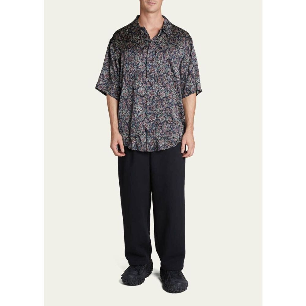Balenciaga Homewear Mens Navy Paisley Silk Dress Button Down Shirt 43